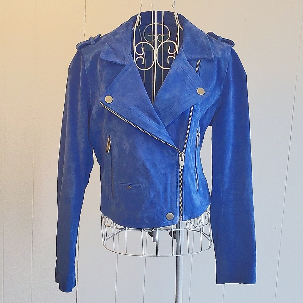 SL8 Real Leather Suede Moto Jacket Royal Blue Sz S